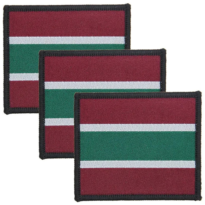 Set of three Royal Army Medical Services RAMS Hook & Loop TRF Badges with maroon, green, and white stripes for military uniforms. 3 Pack from  John Bull Clothing
