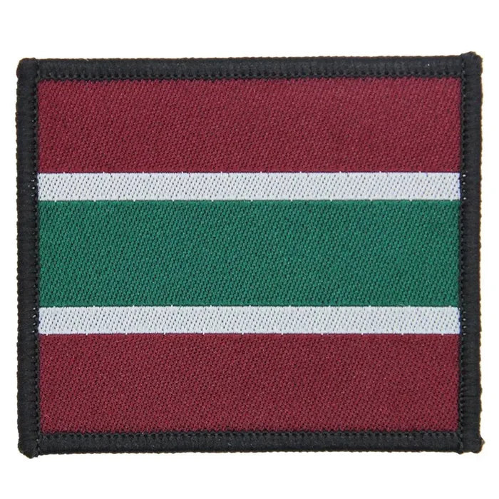 Single Royal Army Medical Services RAMS Hook & Loop TRF Badge featuring maroon, green, and white horizontal stripes in a square shape. Single Flash from  John Bull Clothing