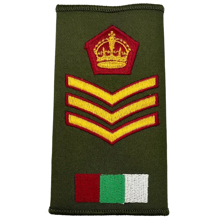 Royal Army Medical Services Olive Green Rank Slide with crown and triple chevrons, signifying senior rank in military apparel. Staff Sergeant (Kings Crown) from  John Bull Clothing