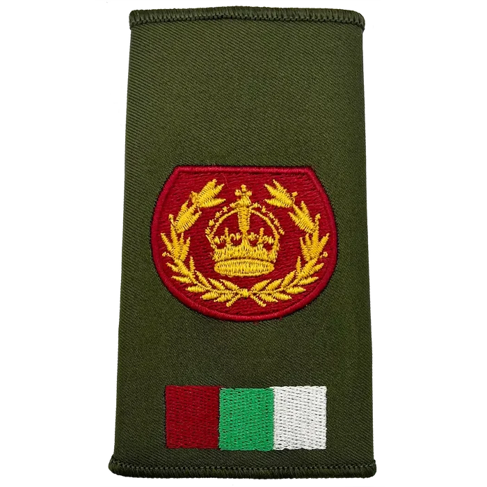 RAMS Olive Green Rank Slide with embroidered crown emblem and tricolor patch, suitable for high-ranking British Army personnel. WO2 RQMS Crown & Laurel Wreath (Kings Crown) from  John Bull Clothing