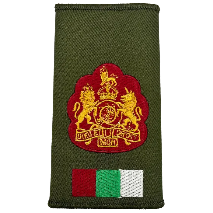 Royal Army Medical Services Olive Green Rank Slide with royal coat of arms and tricolor patch, for ceremonial or formal military wear. WO1 (Kings Crown) from  John Bull Clothing