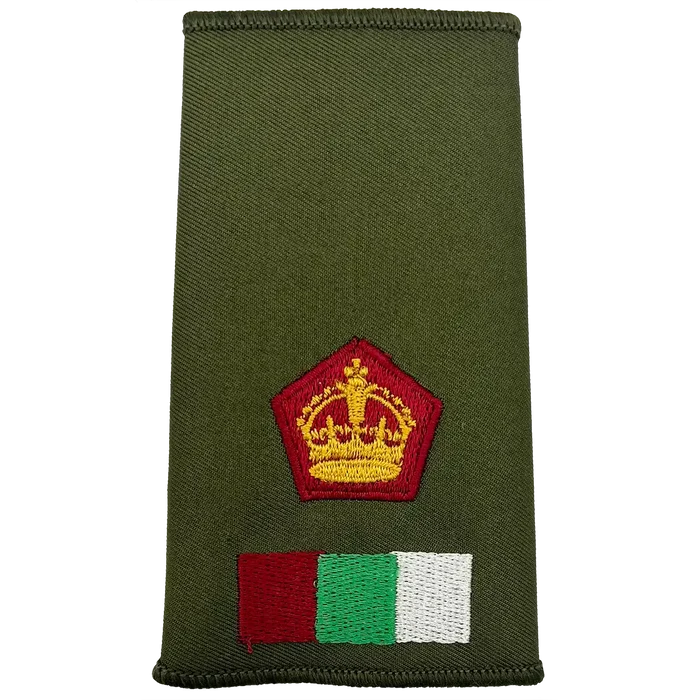 RAMS Olive Green Rank Slide with red crown emblem and tricolor patch, used in British Army medical service uniforms. Major (Kings Crown) from  John Bull Clothing