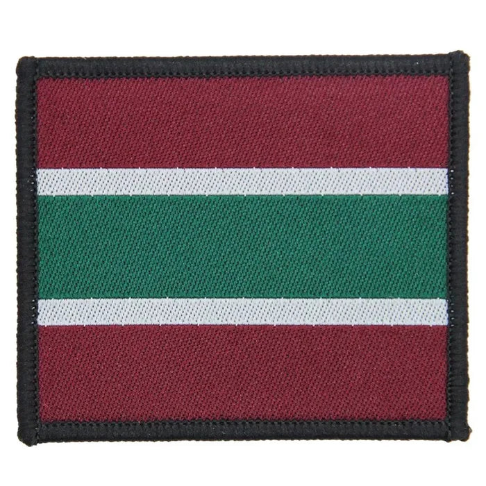 Single Royal Army Medical Services RAMS Iron On TRF Badge featuring maroon, green, and white horizontal stripes with black border. 1 Flash from  John Bull Clothing