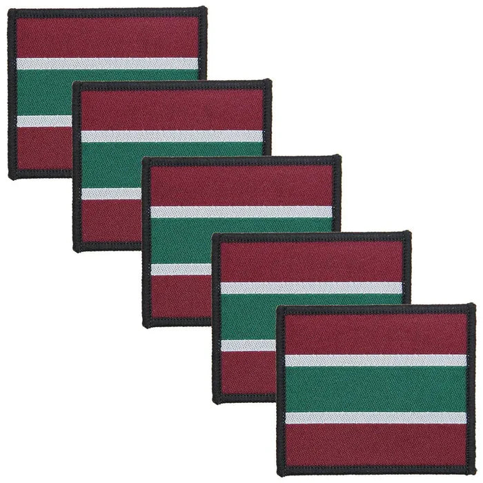 Pack of five Royal Army Medical Services RAMS Iron On TRF Badges, regulation pattern for military uniforms, in maroon, green, and white. 5 Pack from  John Bull Clothing