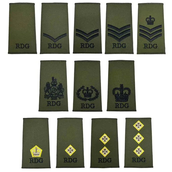 Royal Dragoon Guards Green Rank Slides (Pair) | John Bulls featuring various embroidered insignia on olive green Cordura fabric for military uniforms  from  John Bull Clothing