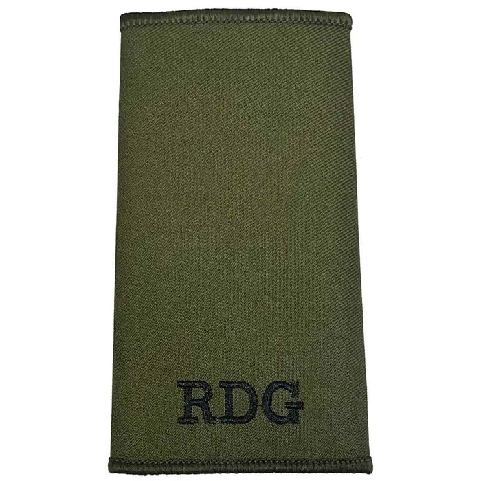 Plain Royal Dragoon Guards Green Rank Slide with RDG embroidery in black on regulation olive green backing, ideal for military uniform use Private from  John Bull Clothing