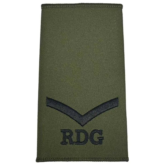Royal Dragoon Guards Green Rank Slide with single black chevron and RDG text, crafted from durable Cordura for military apparel Lance Corporal from  John Bull Clothing