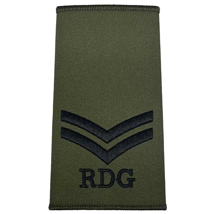 Royal Dragoon Guards Green Rank Slide with two black chevrons and RDG embroidery, suitable for military uniform rank identification Corporal from  John Bull Clothing