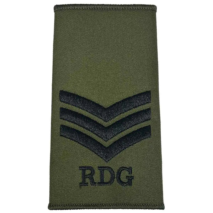 Royal Dragoon Guards Green Rank Slide with three black chevrons and RDG text, designed for military personnel uniforms Sergeant from  John Bull Clothing