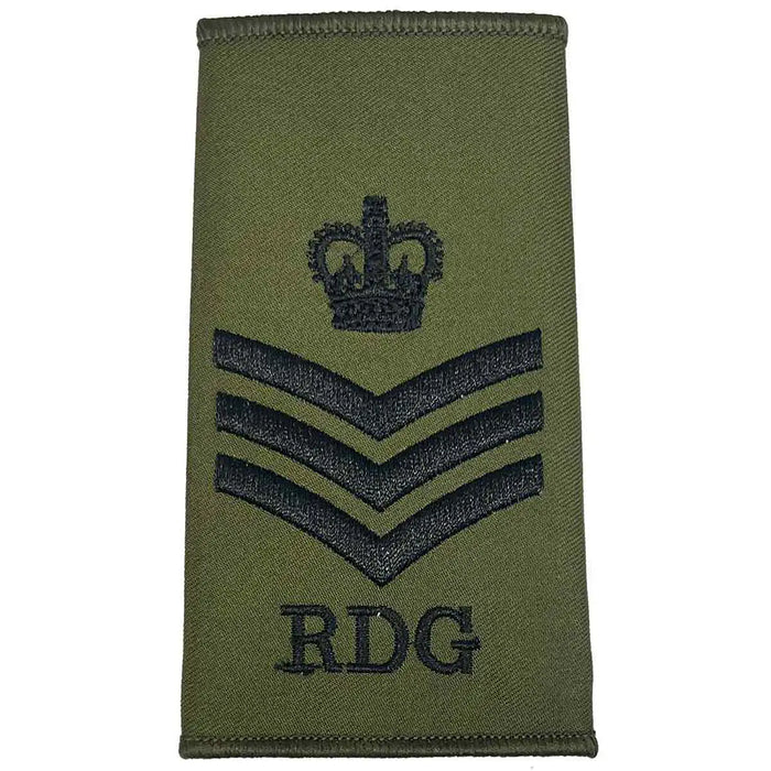Royal Dragoon Guards Green Rank Slide with crown and three chevrons above RDG text, embroidered on olive green Cordura fabric Staff Sergeant from  John Bull Clothing