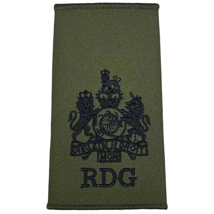 Royal Dragoon Guards Green Rank Slide with detailed black embroidered crest and RDG text, suitable for officer military uniforms WO1 from  John Bull Clothing