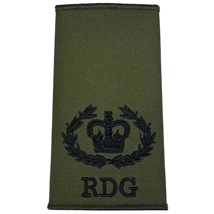Royal Dragoon Guards Green Rank Slide with laurel crown insignia and RDG embroidery, ideal for formal military uniform display WO2 RQMS - Crown & Laurel Wreath from  John Bull Clothing