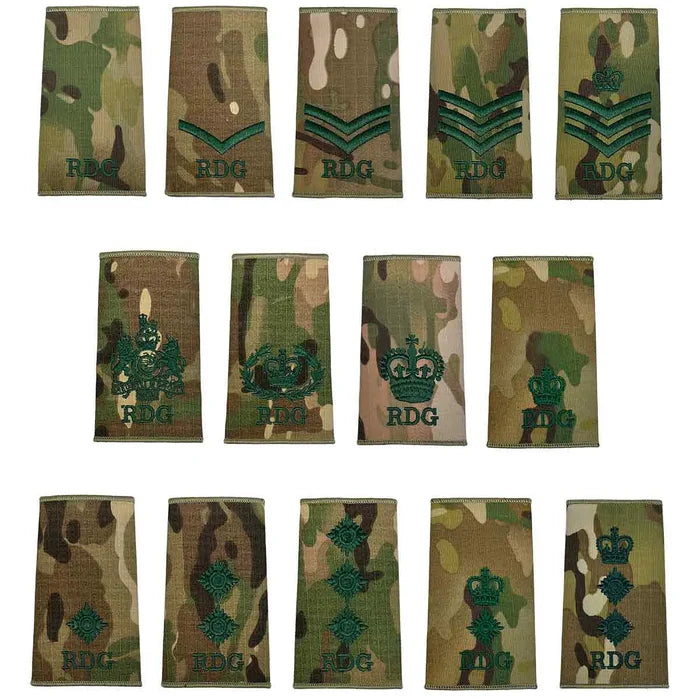 Royal Dragoon Guards Rank Slides Multicam set featuring various embroidered ranks on regulation Multicam fabric, ideal for military uniforms.  from  John Bull Clothing