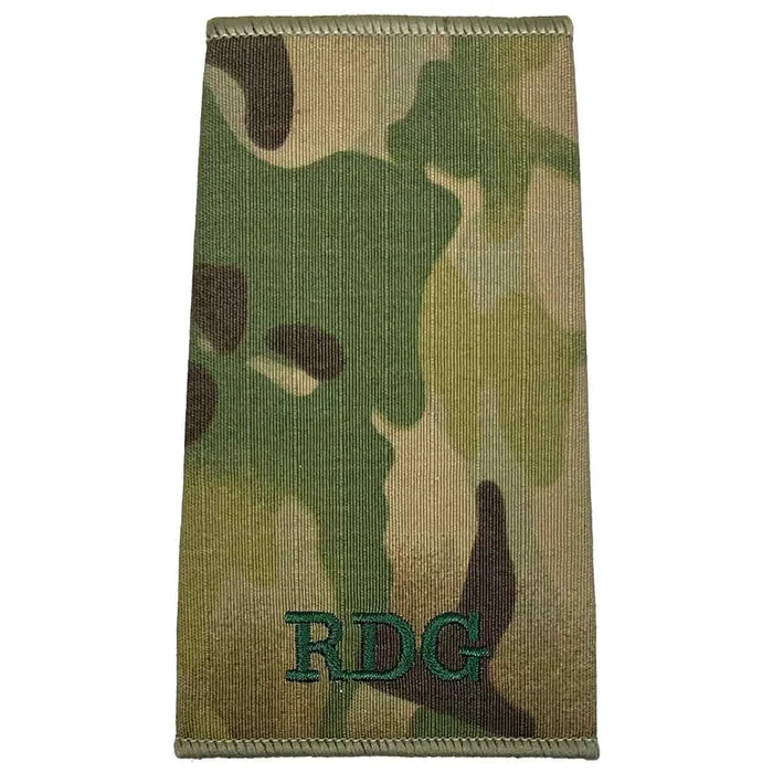 Royal Dragoon Guards Multicam rank slide with RDG initials embroidered in dark green on Cordura fabric, perfect for military apparel. Private from  John Bull Clothing