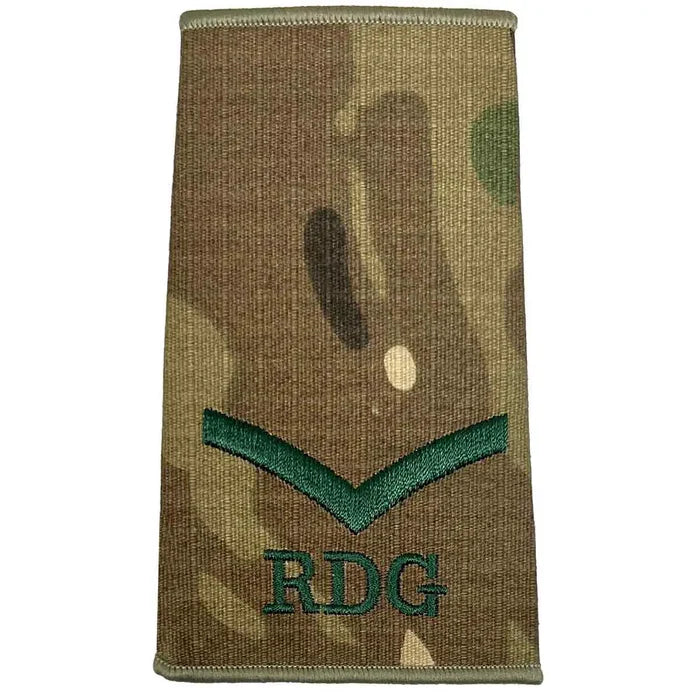 Royal Dragoon Guards Multicam rank slide with one chevron and RDG initials in dark green embroidery, suitable for junior enlisted ranks. Lance Corporal from  John Bull Clothing