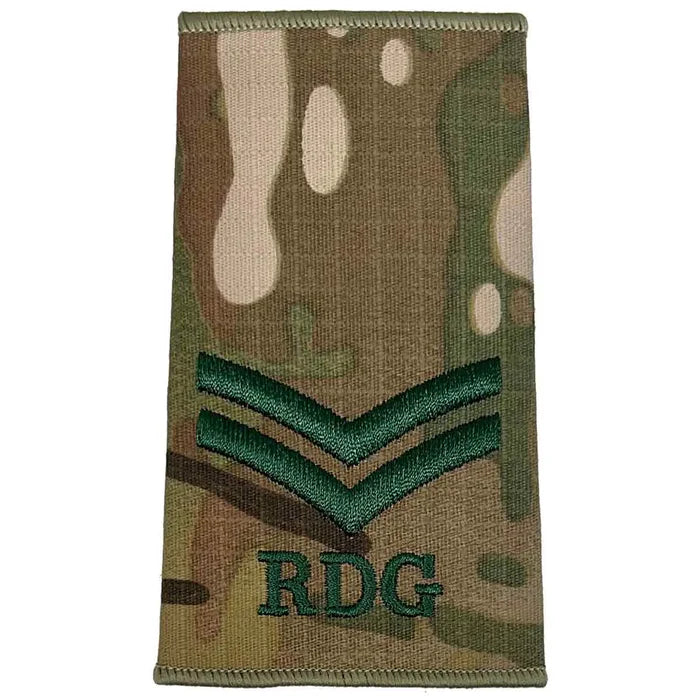 Royal Dragoon Guards Multicam rank slide with two chevrons and RDG initials, designed for corporal rank in military uniforms. Corporal from  John Bull Clothing