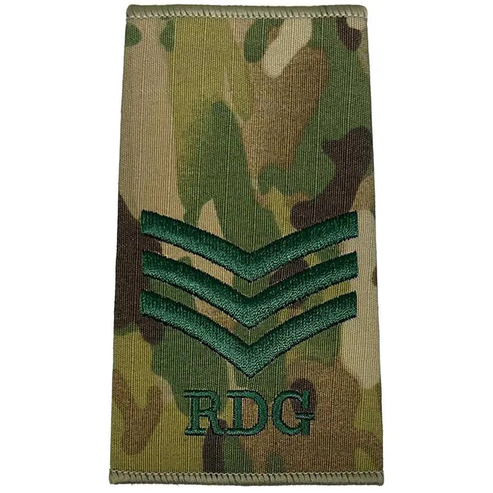Royal Dragoon Guards Multicam rank slide with three chevrons and RDG initials, representing sergeant rank in military attire. Sergeant from  John Bull Clothing