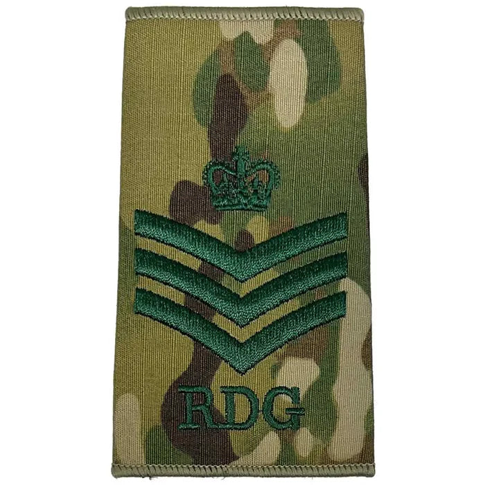 Royal Dragoon Guards Multicam rank slide with crown above three chevrons and RDG initials, indicating staff sergeant rank. Staff Sergeant from  John Bull Clothing