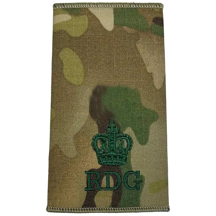 Royal Dragoon Guards Multicam rank slide with embroidered crown and RDG initials, used for officer ranks in military uniforms. Major from  John Bull Clothing