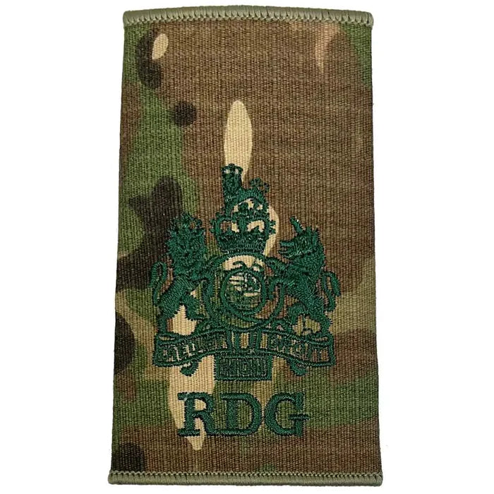 Royal Dragoon Guards Multicam rank slide with detailed royal crest and RDG initials, ideal for ceremonial or high-ranking uniforms. WO1 from  John Bull Clothing