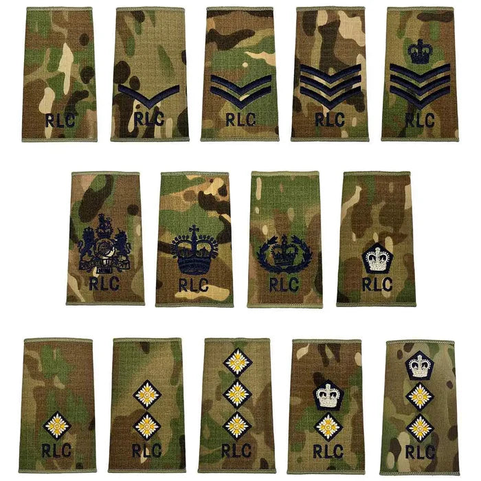 Royal Logistic Corps Multicam Rank Slides | John Bulls featuring a full set of embroidered military ranks on camouflage Cordura fabric, sold in pairs.  from  John Bull Clothing