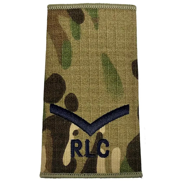 Royal Logistic Corps Multicam Rank Slide | John Bulls showing a single chevron and RLC initials embroidered in dark blue on regulation multicam. Lance Corporal from  John Bull Clothing