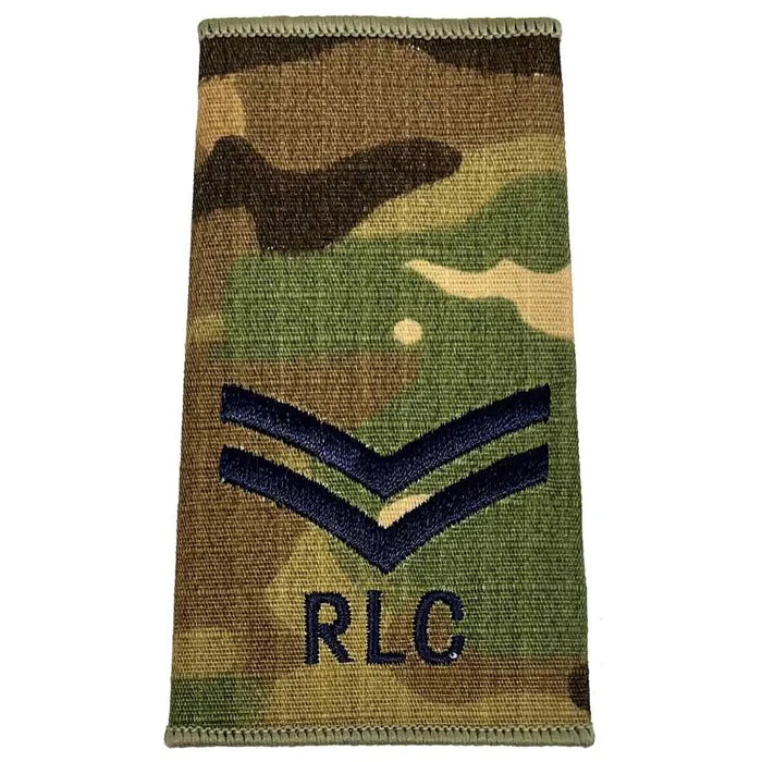Royal Logistic Corps Multicam Rank Slide | John Bulls with two chevrons and RLC initials, crafted from durable Cordura fabric. Corporal from  John Bull Clothing