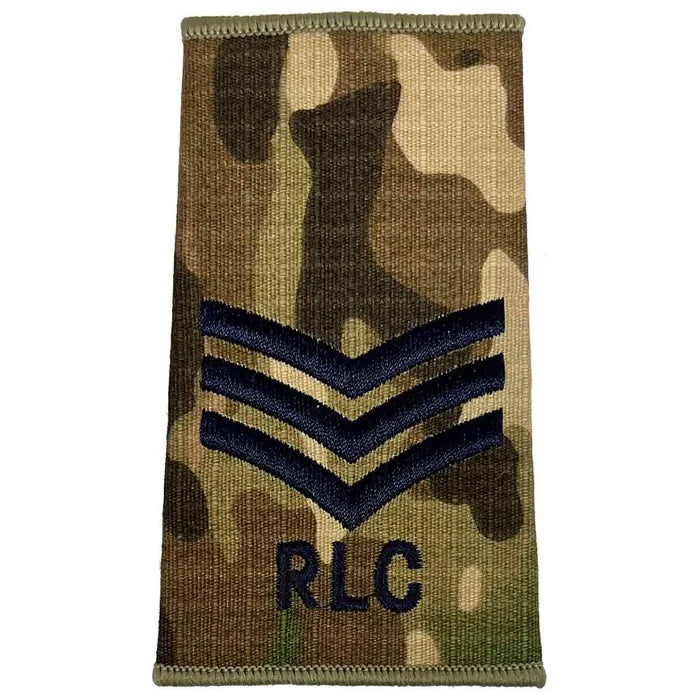 Royal Logistic Corps Multicam Rank Slide | John Bulls featuring three chevrons above RLC initials, embroidered on military camouflage. Sergeant from  John Bull Clothing