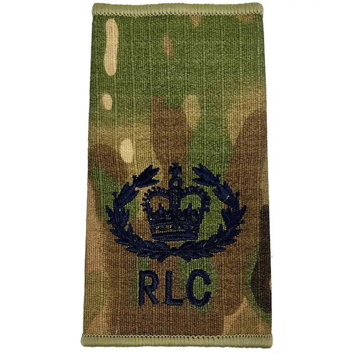 Royal Logistic Corps Multicam Rank Slide | John Bulls with laurel wreath and crown above RLC initials, embroidered on multicam fabric.  from  John Bull Clothing