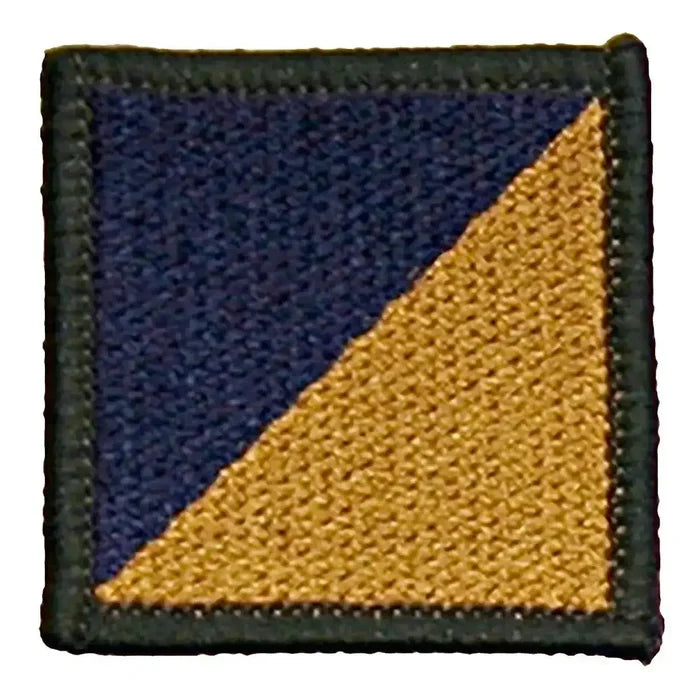 Single Royal Logistic Corps TRF badge featuring blue and yellow diagonal design with velcro backing for military uniforms. 1 Flash from  John Bull Clothing