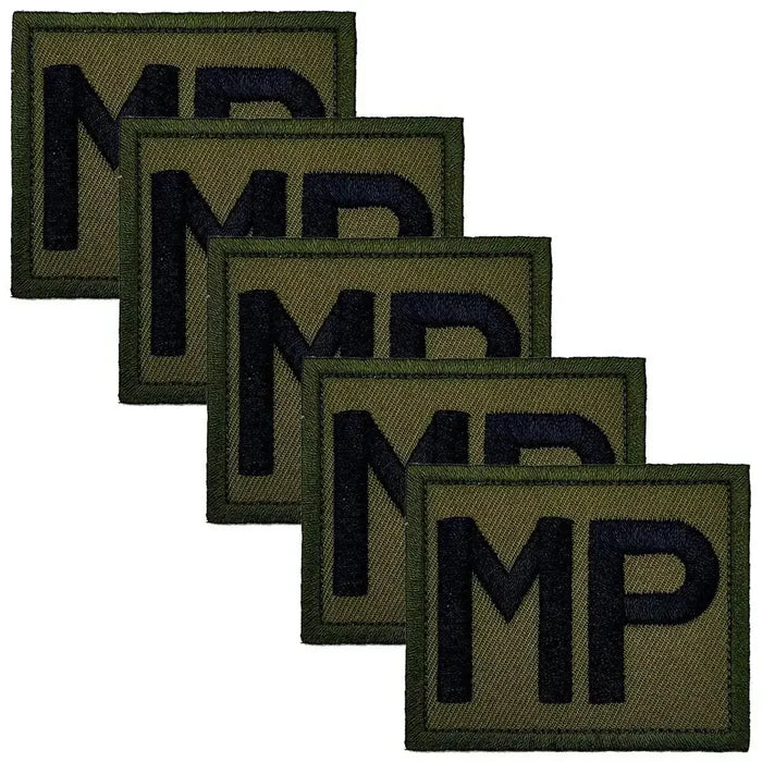 Pack of five Royal Military Police TRF patches in subdued green, iron or sew on design with black MP lettering. Green/Black from  John Bull Clothing