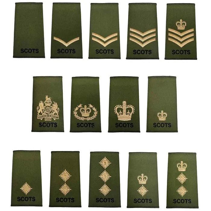 Royal Regiment of Scotland olive rank slides set with various embroidered insignia in gold and black, ideal for military uniforms.  from  John Bull Clothing