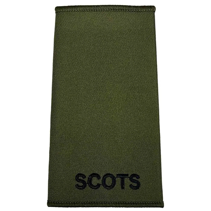 Plain olive green Royal Regiment of Scotland rank slide with black 'SCOTS' text, made from durable Cordura fabric. Private from  John Bull Clothing