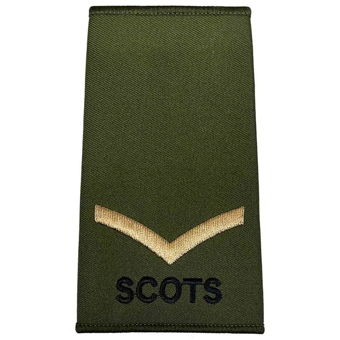 Royal Regiment of Scotland olive rank slide with single gold chevron and 'SCOTS' text, representing Lance Corporal rank. Lance Corporal from  John Bull Clothing