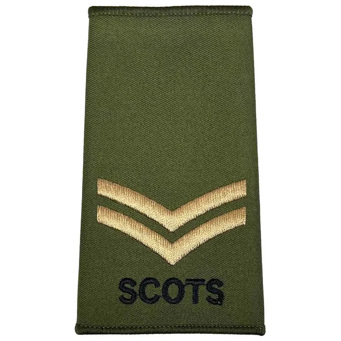 Royal Regiment of Scotland olive rank slide with two gold chevrons and 'SCOTS' text, denoting Corporal rank. Corporal from  John Bull Clothing