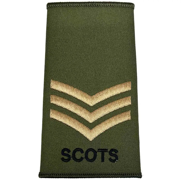 Royal Regiment of Scotland olive rank slide with three gold chevrons and 'SCOTS' text, indicating Sergeant rank. Sergeant from  John Bull Clothing