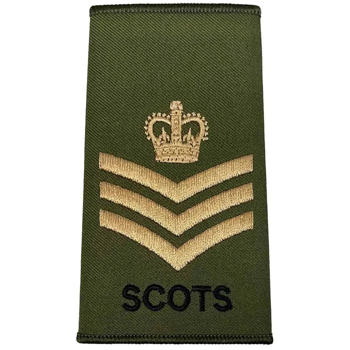 Royal Regiment of Scotland olive rank slide with three chevrons and crown above, embroidered in gold with 'SCOTS' text. Staff Sergeant from  John Bull Clothing