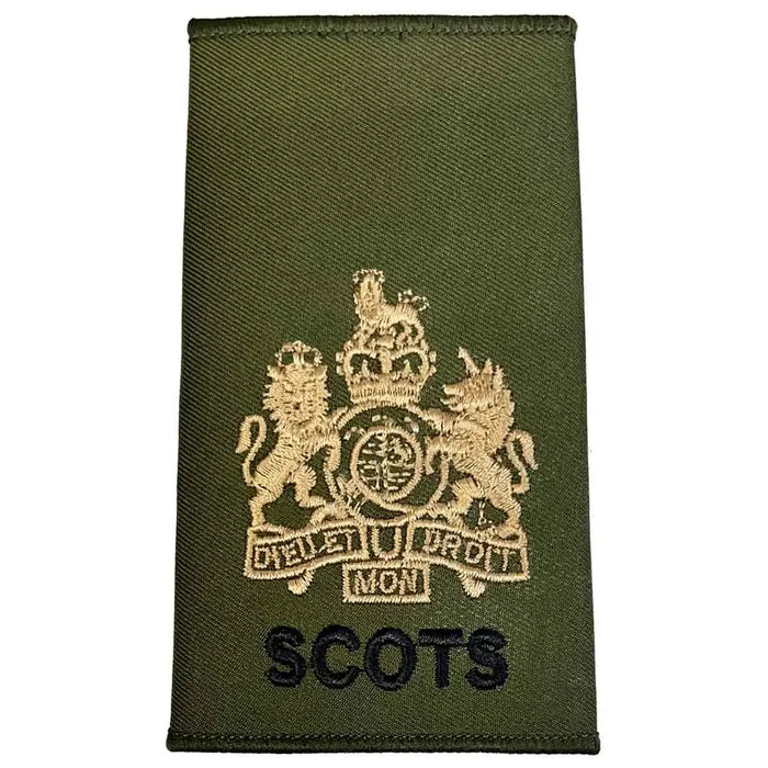 Royal Regiment of Scotland olive rank slide with detailed gold embroidered royal coat of arms and 'SCOTS' text. WO1 from  John Bull Clothing