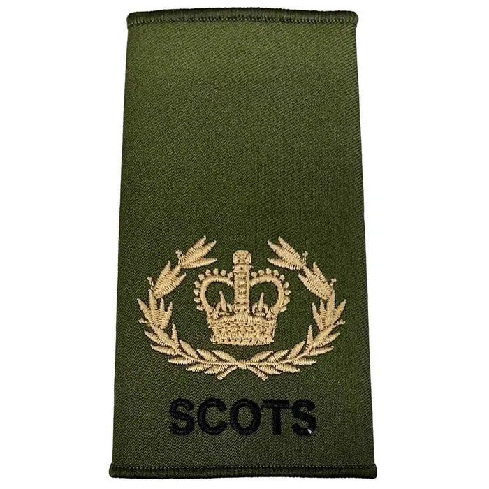 Royal Regiment of Scotland olive rank slide featuring a gold crown within a laurel wreath and 'SCOTS' text. WO2 RQMS - Crown & Laurel Wreath from  John Bull Clothing