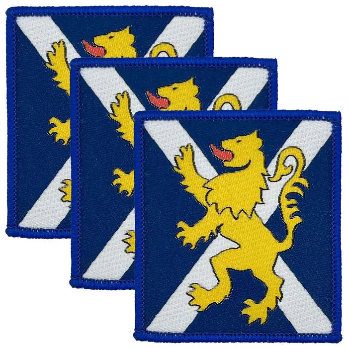 Royal Regiment of Scotland TRF patches with hook & loop backing in blue, featuring Scottish flag and heraldic lion. Sold in a set of three. Blue (Coloured) from  John Bull Clothing