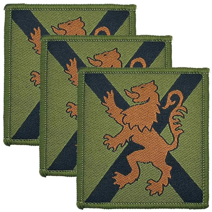 Royal Regiment of Scotland TRF patches in subdued green camo style with hook & loop backing, showing heraldic lion. Set of three military uniform patches. Green/Black from  John Bull Clothing