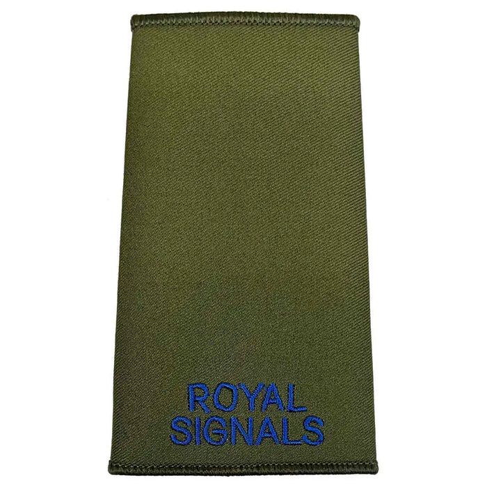 Royal Signals Rank Slide Olive Green with blue embroidered text, suitable for military uniforms and made from durable Cordura fabric. Private from  John Bull Clothing