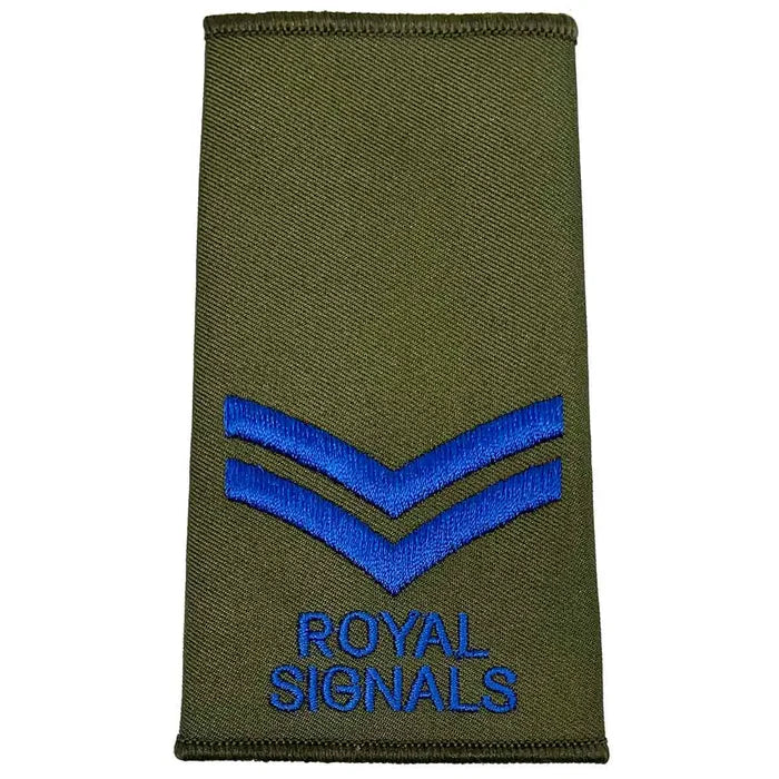 Royal Signals Olive Green Rank Slide with two blue chevrons, indicating Corporal rank, made for military uniform use. Corporal from  John Bull Clothing