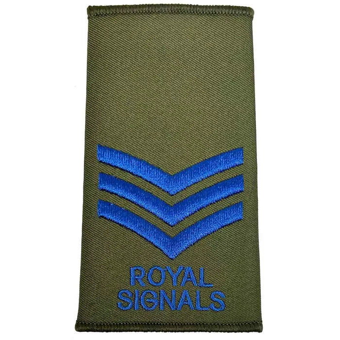 Royal Signals Olive Green Rank Slide with three blue chevrons, denoting Sergeant rank, crafted for military apparel. Sergeant from  John Bull Clothing