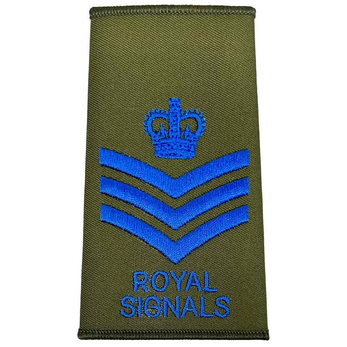 Royal Signals Olive Green Rank Slide with crown and three chevrons in blue, representing Staff Sergeant rank for military uniforms. Staff Sergeant from  John Bull Clothing