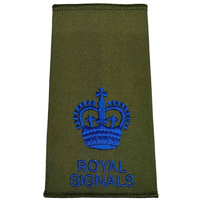 Royal Signals Olive Green Rank Slide with blue embroidered crown, signifying Warrant Officer Class 2 rank in military dress. WO2 - Large Crown from  John Bull Clothing