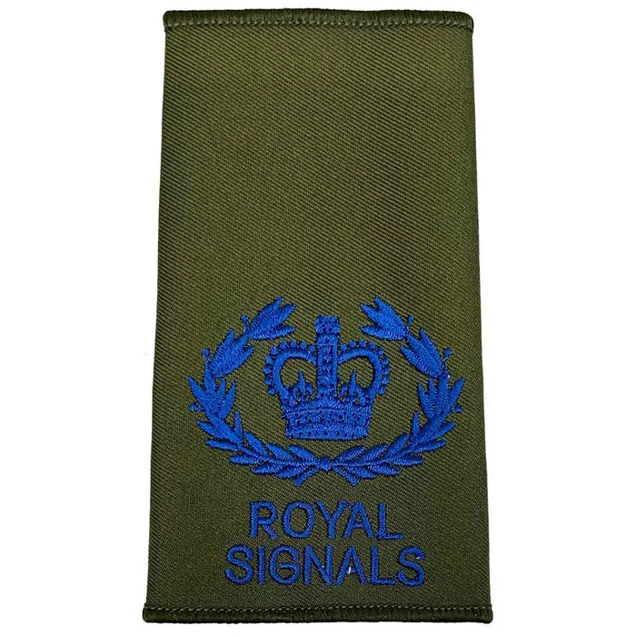 Royal Signals Olive Green Rank Slide with laurel and crown in blue embroidery, representing Warrant Officer Class 1 rank.  from  John Bull Clothing