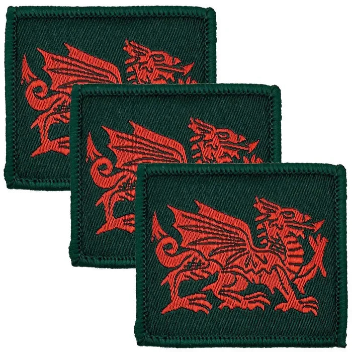 Set of three Royal Welsh TRF patches with red dragon design on dark green background, iron or sew on, from John Bulls military uniform collection. 3 Pack from  John Bull Clothing