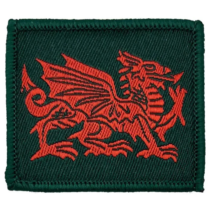 Single Royal Welsh TRF patch featuring red dragon emblem on green fabric, regulation pattern for Royal Welsh Regiment, iron or sew on. 1 Flash from  John Bull Clothing