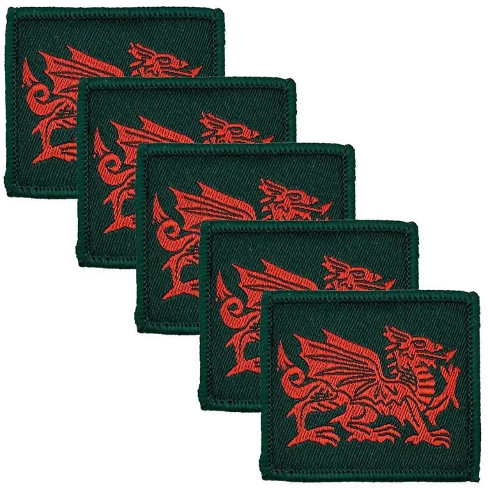 Pack of five Royal Welsh TRF iron or sew on patches with red dragon motif, ideal for military uniforms, available at John Bulls. 5 Pack from  John Bull Clothing